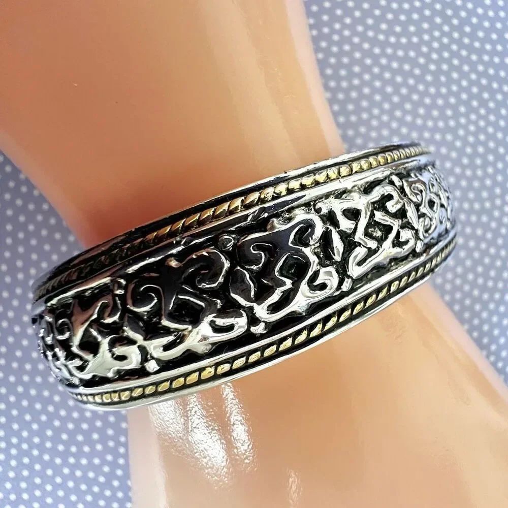 Silver & Gold Tone Ornate Open Cuff Bracelet